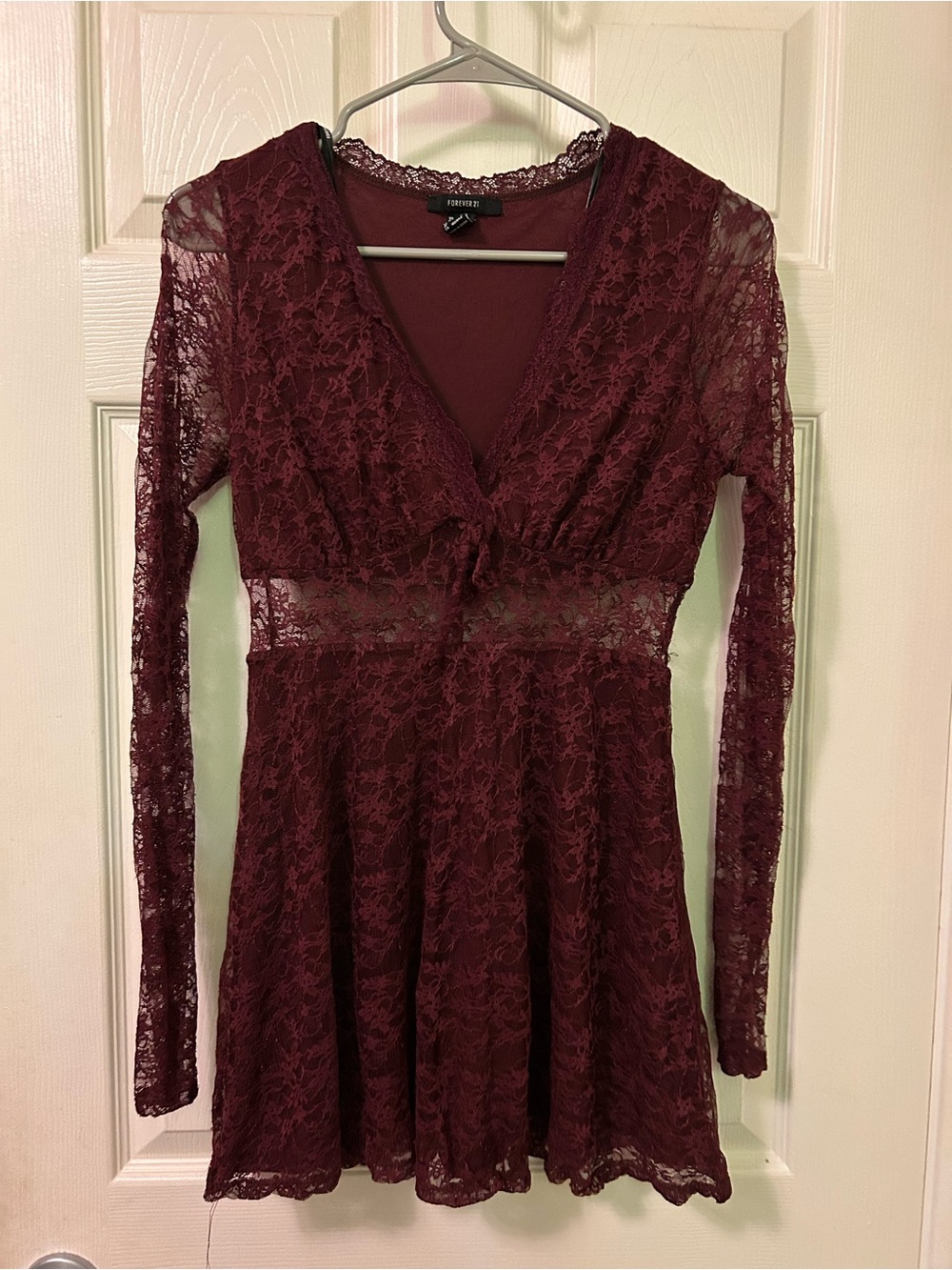 Forever 21 Wine Lace Long-Sleeve V-Neck Dress